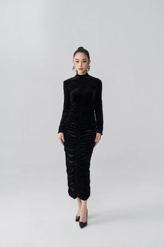 Midi dresses with geometric cutouts for a contemporary and edgy lookNisha Gathered Long Sleeved Velvet Midi Dress