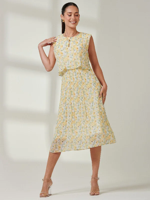 Midi dresses with patchwork patterns for a one - of - a - kind styleOlena Pleated Overlay Chiffon Midi Dress, Yellow Multi