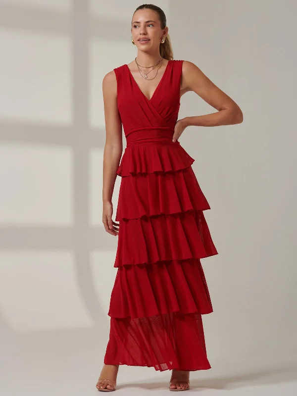 Midi dresses with empire waists for a flattering maternity optionPlain Tiered Mesh Maxi Dress, Red Midi dresses with empire waists for a flattering maternity optionPlain Tiered Mesh Maxi Dress, Red