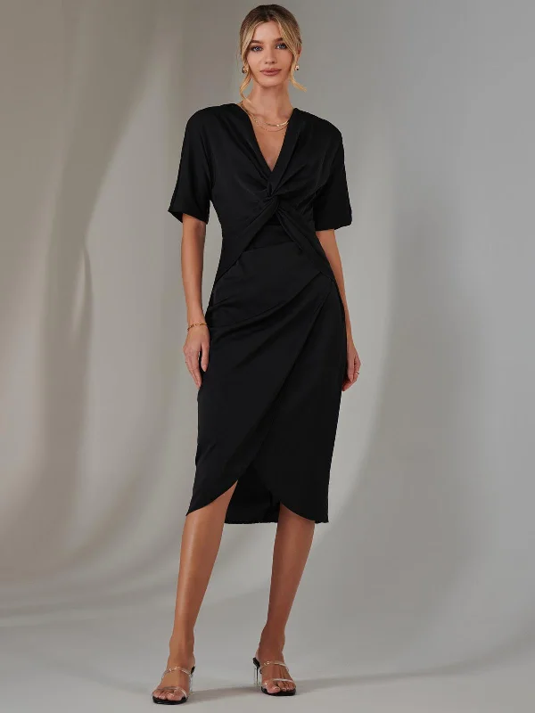 Midi dresses with wrap - around skirts for a customizable fitPlain Twist Front Tulip Midi Dress, Black