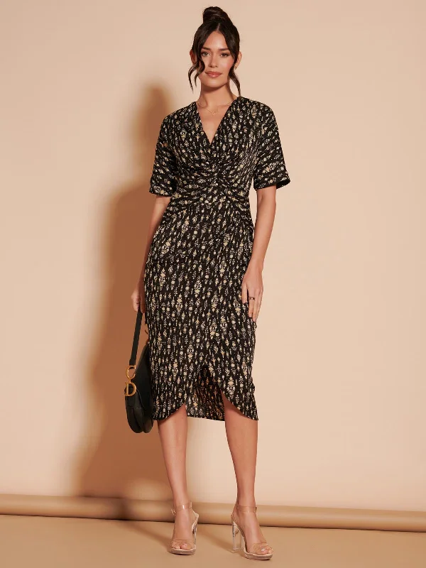 Midi dresses with V - necklines for a flattering and elongating effectPrint Twist Front Tulip Midi Dress, Black Multi