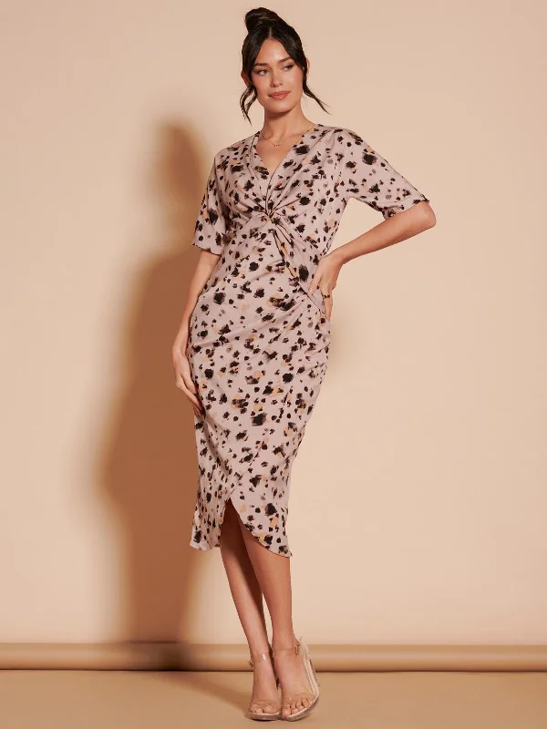 Midi dresses with asymmetric hems for a fashion - forward and dynamic appearancePrint Twist Front Tulip Midi Dress, Dusty Pink