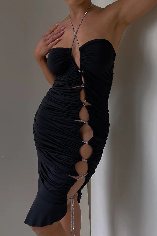 Midi dresses with ruffled hems for a romantic date nightShelby Diamante Rope Halter Asymmetric Hem Dress - Black