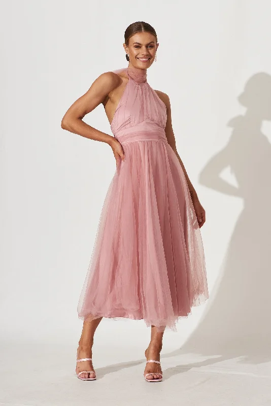 Midi dresses with one - shoulder designs for a modern and asymmetric styleSkyfall Halter Neck Midi Dress In Blush Tulle Midi dresses with one - shoulder designs for a modern and asymmetric styleSkyfall Halter Neck Midi Dress In Blush Tulle