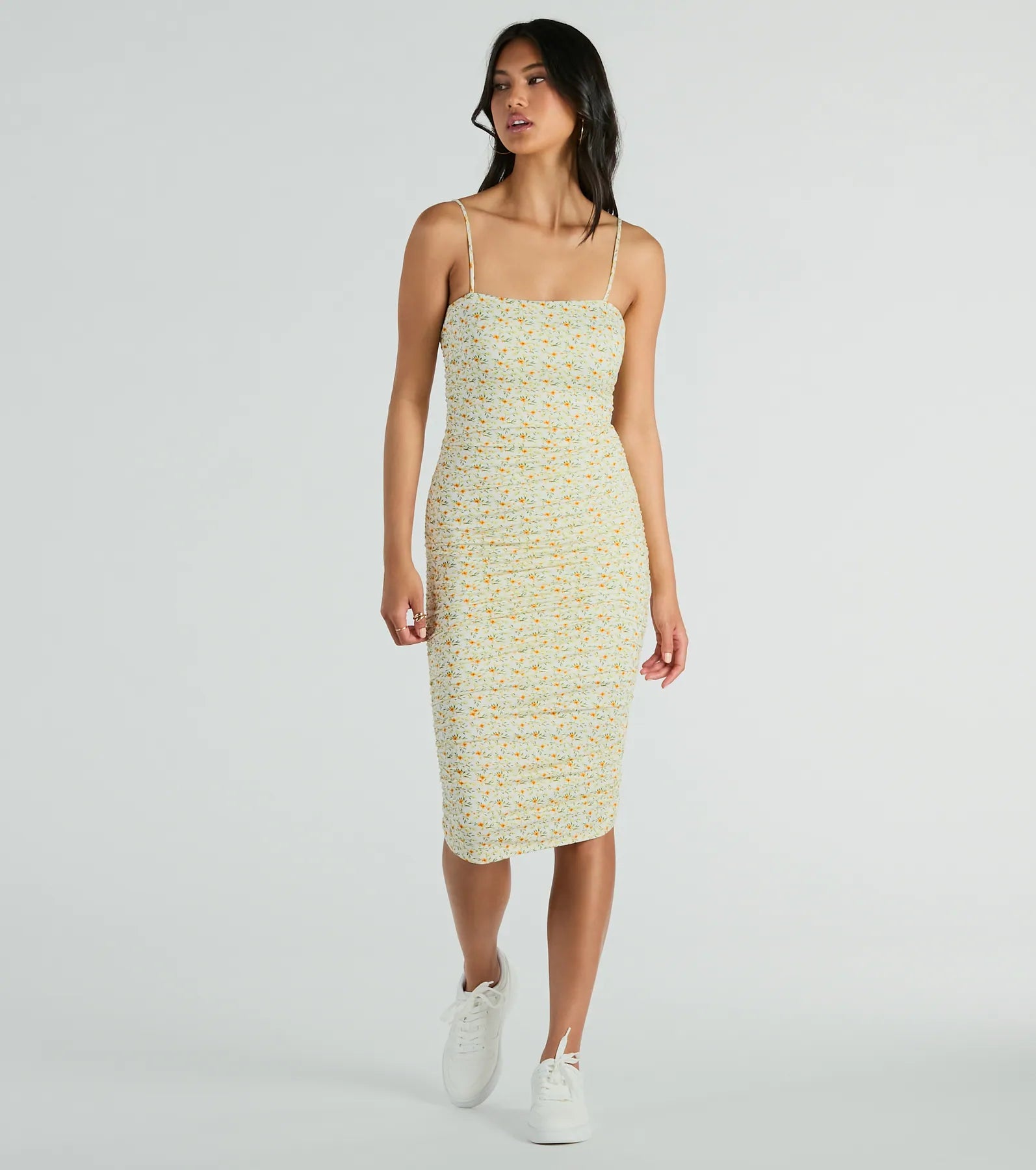 Midi dresses with pom - pom trims for a playful and festive lookSmell The Garden Square Neck Floral Midi Dress