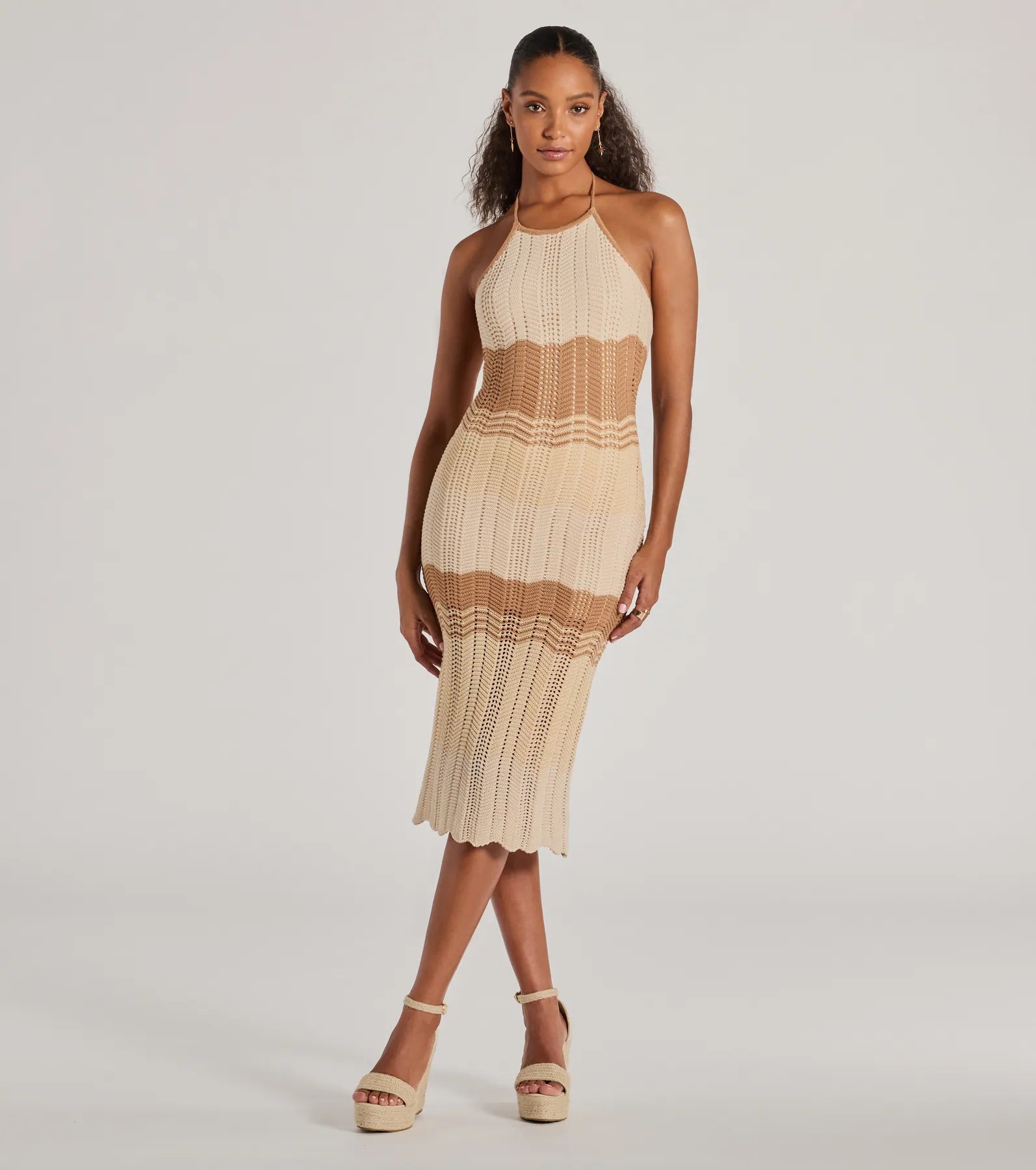 Midi dresses with ruffled hems for a romantic date nightStylish Striped Halter Crochet Midi Dress