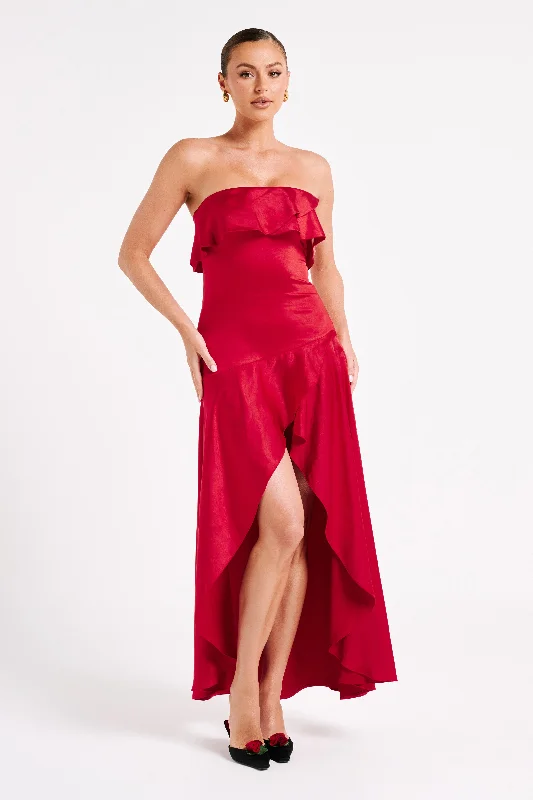 Midi dresses with lace - up fronts for a unique and adjustable styleSulianna Strapless Ruffle Midi Dress - Vermilion Red Midi dresses with lace - up fronts for a unique and adjustable styleSulianna Strapless Ruffle Midi Dress - Vermilion Red