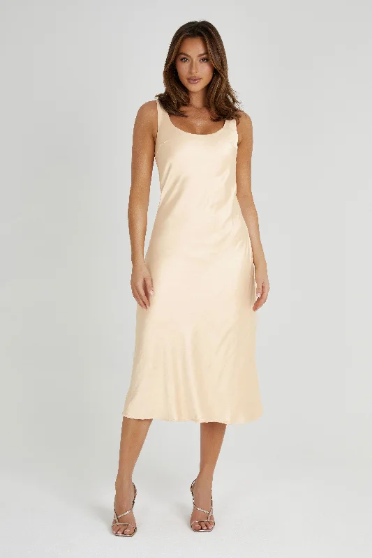 Maxi - inspired midi dresses with flowing fabrics for a beachy vibeTamara Satin Iridescent Slip Midi Dress - Apricot