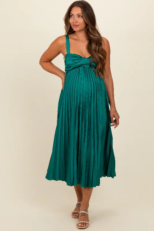 Midi dresses with satin - finish fabrics for a luxurious feelTeal Satin Pleated Sweetheart Maternity Midi Dress