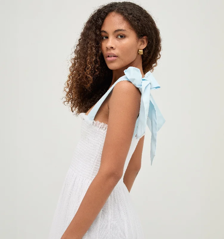 Midi dresses with satin - finish fabrics for a luxurious feelThe Tulle Ribbon Ellie Nap Dress - White Tulle with Blue Ribbon