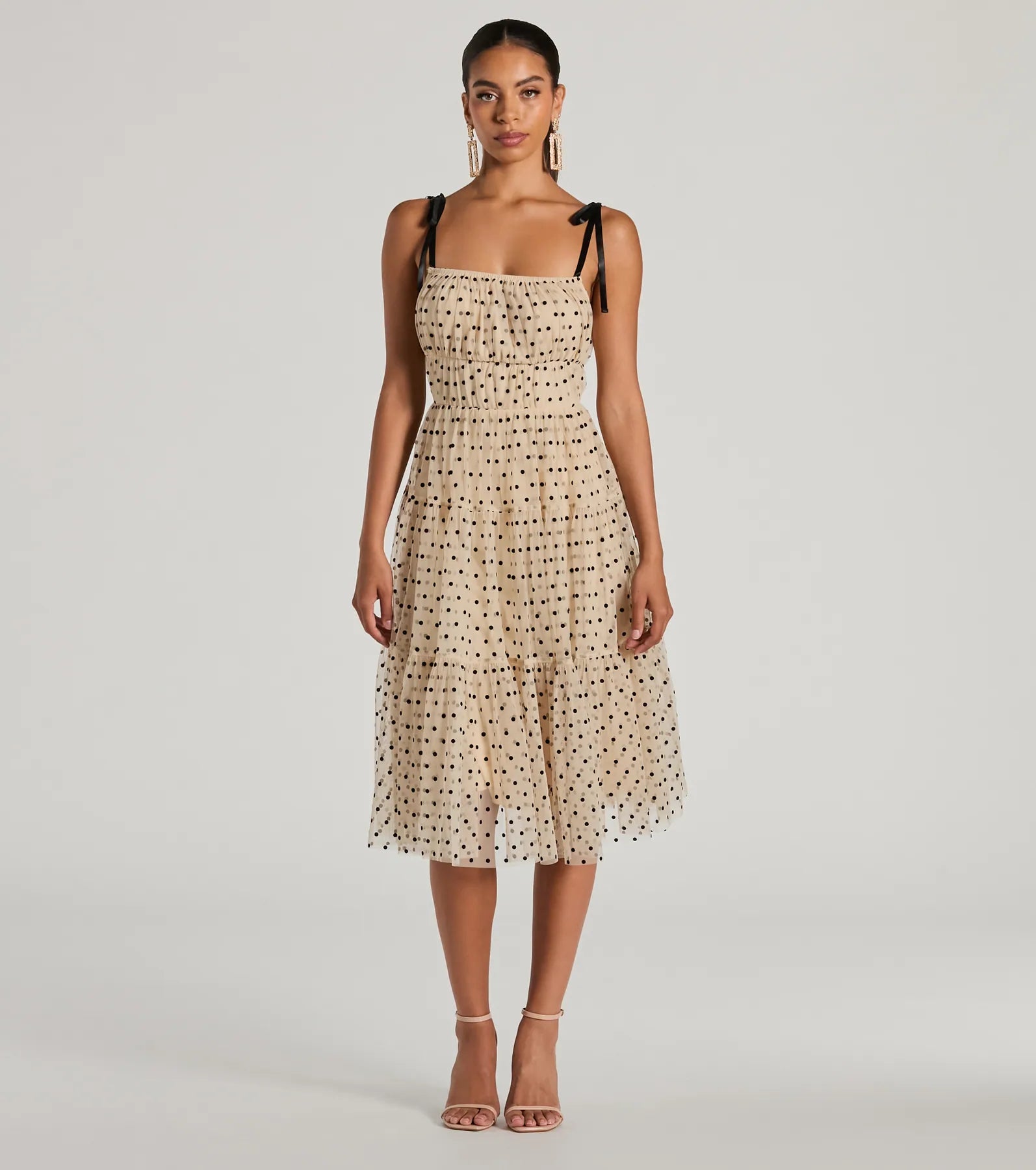 Midi dresses with empire waists for a flattering maternity optionTimeless Look Bow Strap Polka Dot Tulle Midi Dress Midi dresses with empire waists for a flattering maternity optionTimeless Look Bow Strap Polka Dot Tulle Midi Dress
