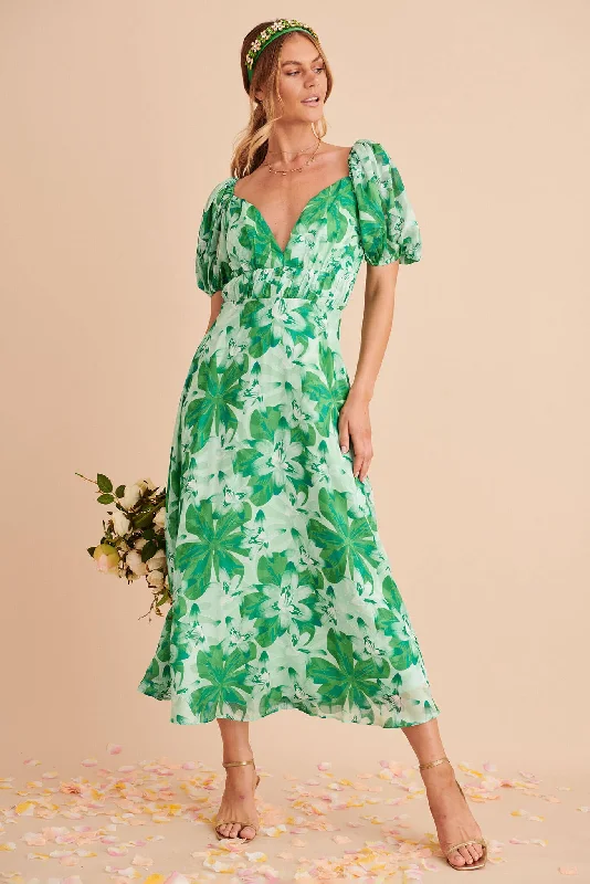 Midi dresses with bow accents for a sweet and charming lookWhitley Midi Dress In Green Floral Burnout Chiffon