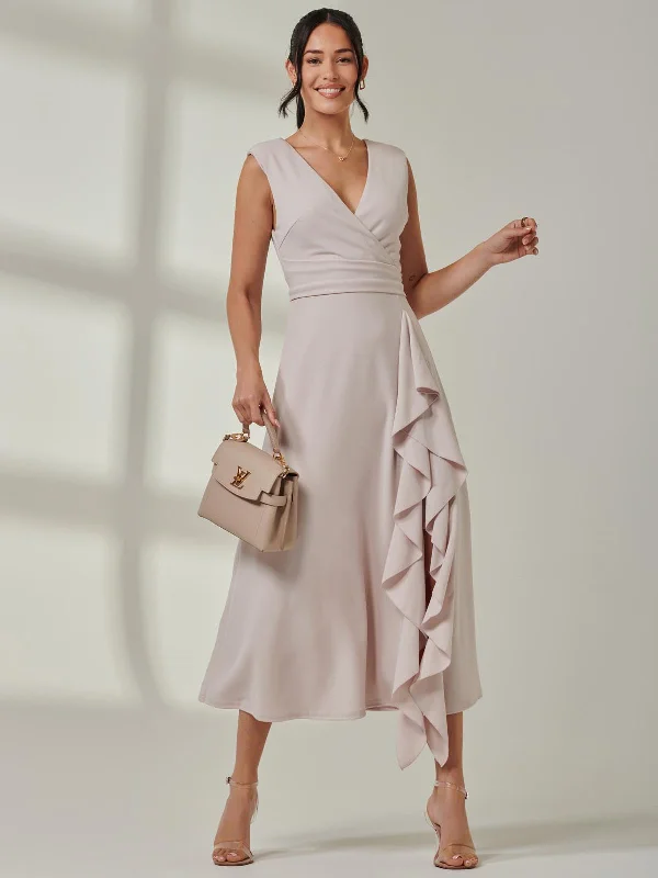 Midi dresses with geometric cutouts for a contemporary and edgy lookWrap Front Frill Detail Maxi Dress, Dove