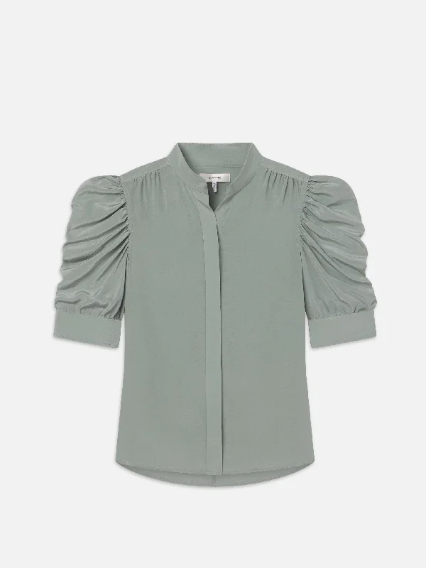 Men's Denim Shirt with a Hidden Pocket for Valuables for Travel ConvenienceGillian Top -- Sage Men's Denim Shirt with a Hidden Pocket for Valuables for Travel ConvenienceGillian Top -- Sage