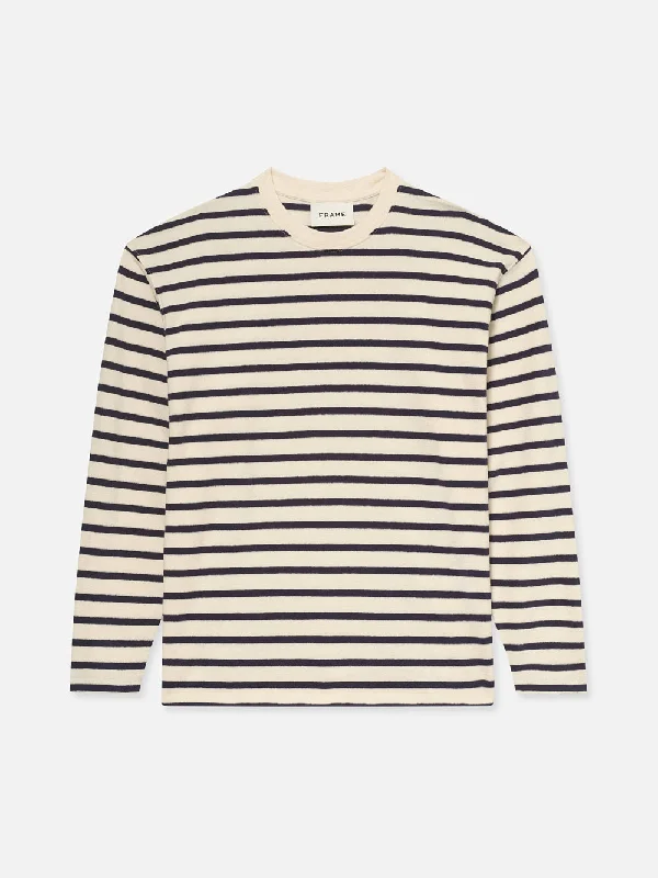 Men's Denim Crop Top for a Modern and Fashion - Forward StyleLong Sleeve Relaxed Striped Tee -- Dark Navy Stripe Men's Denim Crop Top for a Modern and Fashion - Forward StyleLong Sleeve Relaxed Striped Tee -- Dark Navy Stripe