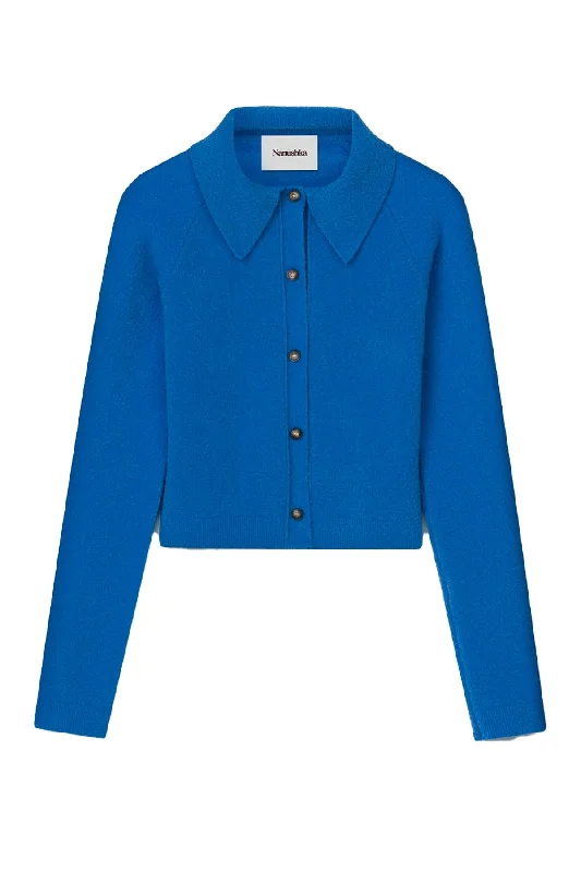 Plus Size Men's Denim Work Shirt with Multiple Pockets for PracticalityNanushka Josi Compact Boucle Collared Cardigan - Blue Plus Size Men's Denim Work Shirt with Multiple Pockets for PracticalityNanushka Josi Compact Boucle Collared Cardigan - Blue