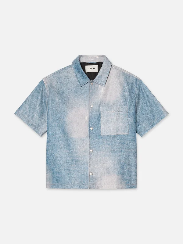 Slim Fit Men's Dark Wash Denim Shirt with Pearl Snap Buttons for a Western StylePrinted Denim Leather Shirt -- Indigo Slim Fit Men's Dark Wash Denim Shirt with Pearl Snap Buttons for a Western StylePrinted Denim Leather Shirt -- Indigo