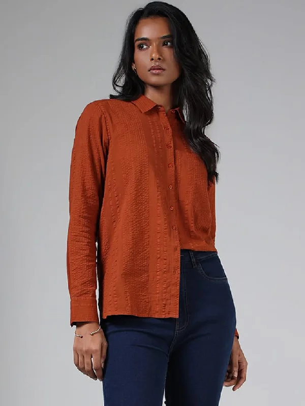 Women's pants for snowboarding Button - fly women jeans with a traditional touch LOV Rust Striped Seersucker Shirt