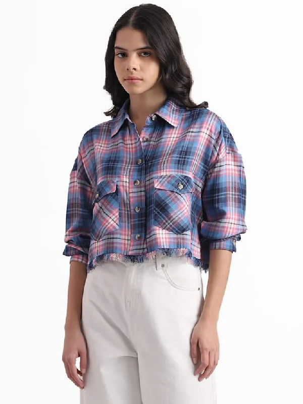 Women's high - waisted yoga pants Skinny women jeans with a form - fitting design Nuon Blue & Pink Checkered Shirt Women's high - waisted yoga pants Skinny women jeans with a form - fitting design Nuon Blue & Pink Checkered Shirt