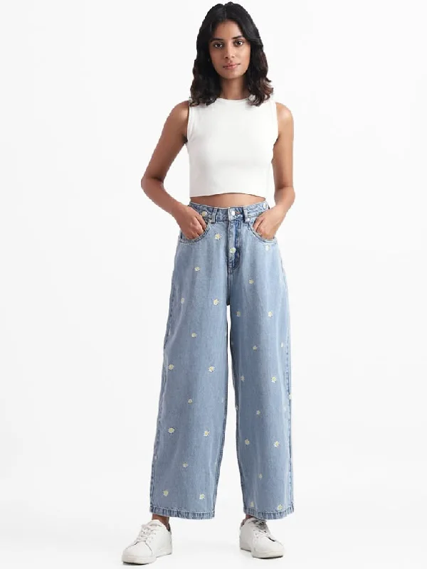Women's pants for outdoor adventures Dark - wash women jeans for a sophisticated and slimming effect Nuon Mid Blue Floral Embroidered High Rise Relaxed Fit Jeans Women's pants for outdoor adventures Dark - wash women jeans for a sophisticated and slimming effect Nuon Mid Blue Floral Embroidered High Rise Relaxed Fit Jeans