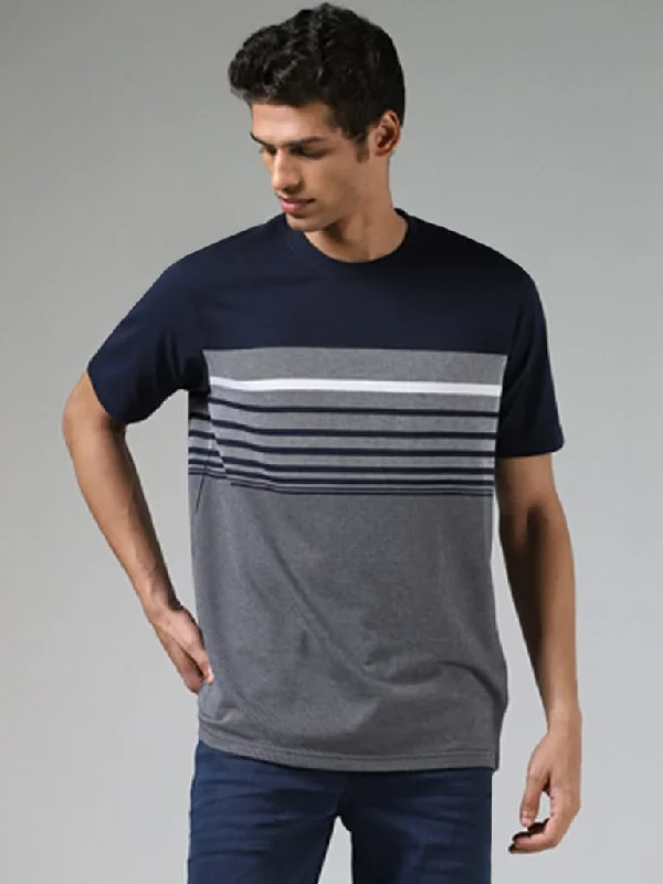 Women's budget - friendly denim pants Button - fly women jeans with a traditional touch WES Casuals Navy Blue Striped Textured Cotton Relaxed-Fit T-Shirt Women's budget - friendly denim pants Button - fly women jeans with a traditional touch WES Casuals Navy Blue Striped Textured Cotton Relaxed-Fit T-Shirt