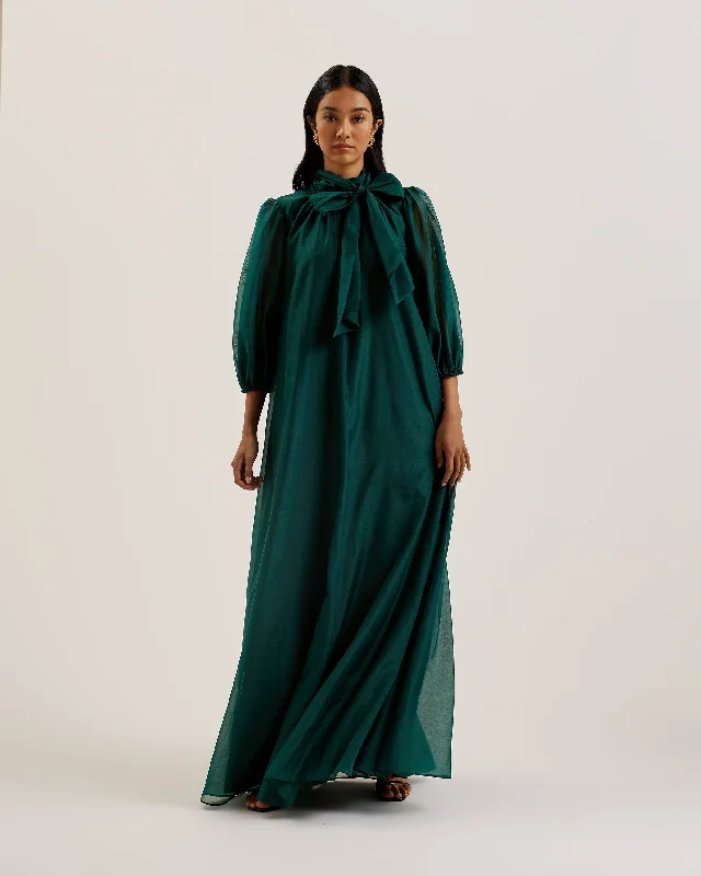 Maxi dresses with mesh panels for a sexy and trendy appearanceAdaifi Sheer Organza Tie Neck Maxi Dress Dk-Green