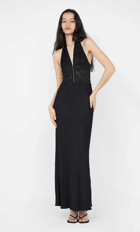 Maxi dresses with bow accents at the waist for a sweet appearanceAKARI HALTER DRESS - BLACK Maxi dresses with bow accents at the waist for a sweet appearanceAKARI HALTER DRESS - BLACK