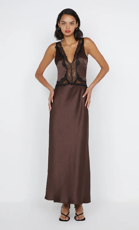 Maxi dresses with an asymmetric hem for a fashion - forward and eye - catching designALLEGRA LACE TRIM DRESS - DARK CHOCOLATE/BLACK