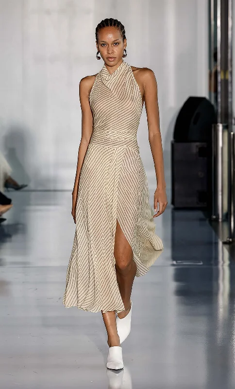 Maxi dresses with one - shoulder designs for a stylish and asymmetric lookANISE HIGH NECK DRESS - BUTTER/PLUM STRIPE