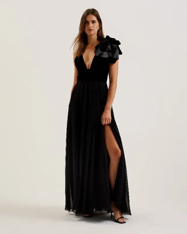 Maxi dresses with a criss - cross back for a flirty and unique detailBeira Corsage Detail Maxi Dress With Front Slit Black