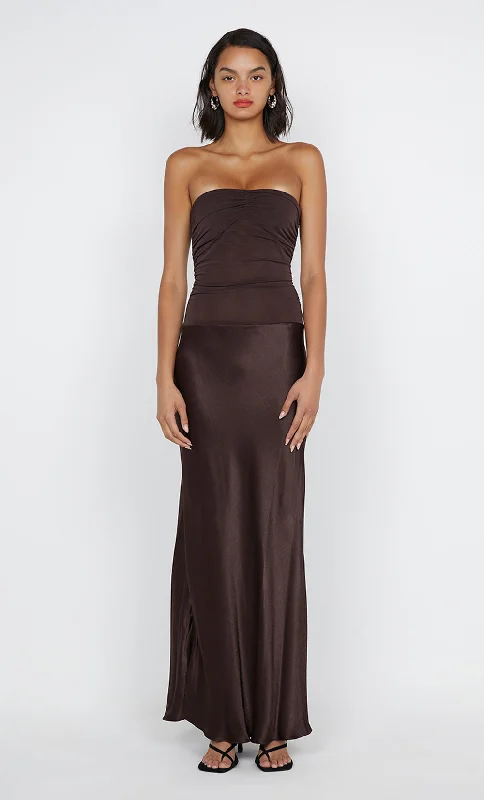 Denim maxi dresses with frayed hems for a casual lookDUA STRAPLESS DRESS - DARK CHOCOLATE Denim maxi dresses with frayed hems for a casual lookDUA STRAPLESS DRESS - DARK CHOCOLATE