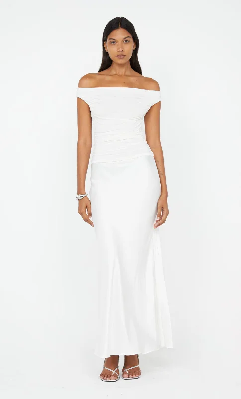 Maxi dresses with fringe trim for a bohemian vibeELEAH OFF SHOULDER DRESS - WHITE