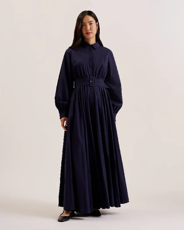 Linen maxi dresses for a breathable and lightweight summer optionEne Button Down Maxi Shirt Dress With Belt Navy
