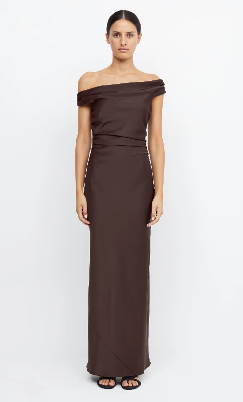 Maxi dresses with a paisley print for a classic and elegant styleETERNITY OFF SHOULDER MAXI - DARK CHOCOLATE