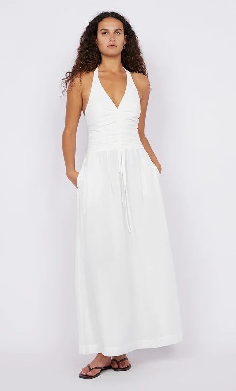 Linen maxi dresses for a breathable and lightweight summer optionFRANCA HALTER DRESS - WHITE