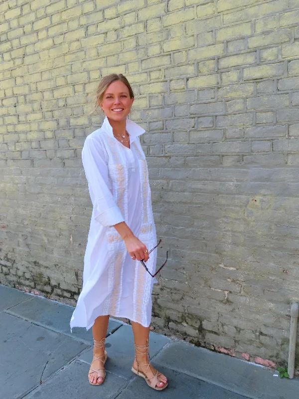 Maxi dresses with a wrap - around style for a customizable fitHouston Embroidered Maxi Dress  White/Tan
