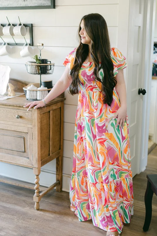 Maxi dresses with a ruffled neckline for a charming lookMulticolored Marble Maxi Dress