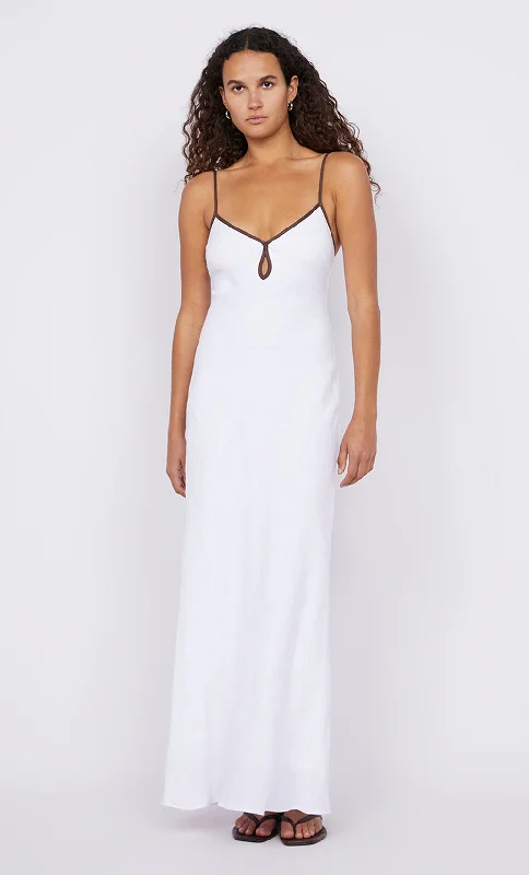 Linen maxi dresses for a breathable and lightweight summer optionOTTILIE KEYHOLE DRESS - WHITE/CHOCOLATE