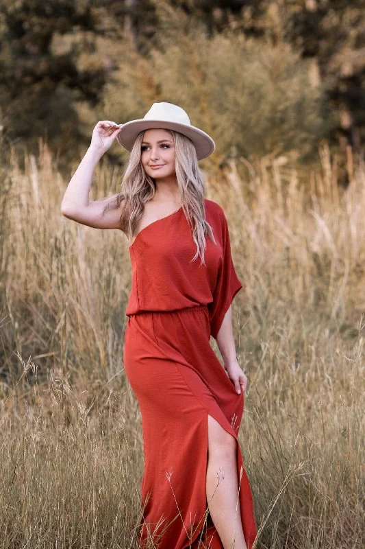 Maxi dresses with off - the - shoulder styles for a romantic and breezy lookRust One Shoulder Dress