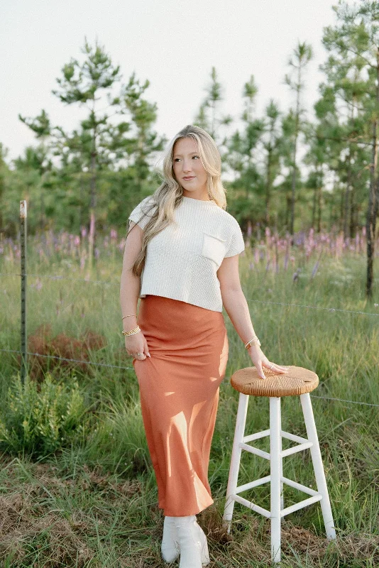 Metallic maxi dresses for a glamorous New Year's Eve partyRust Satin Maxi Skirt