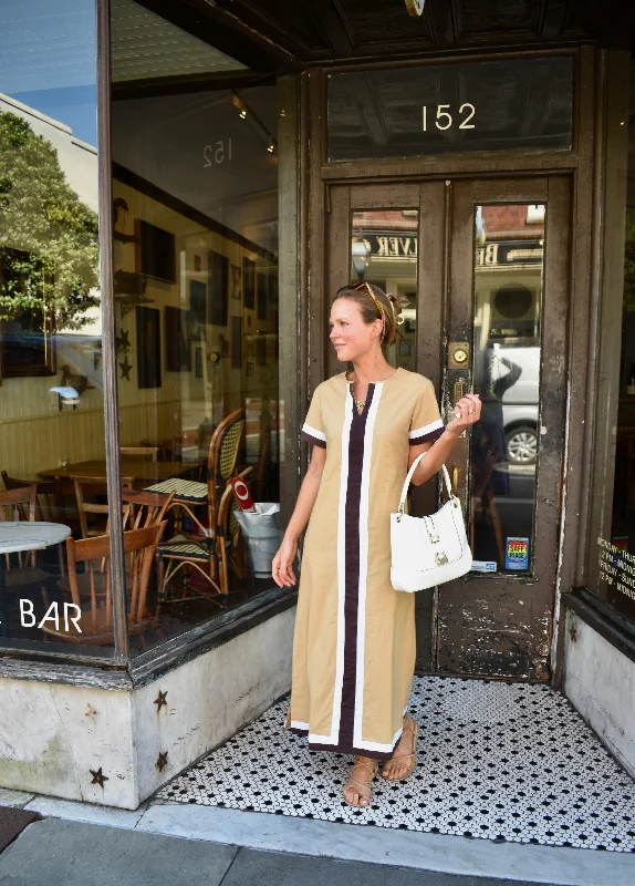 Maxi dresses with cold - shoulder cutouts for a trendy lookSara Maxi Dress Short Sleeve Brown with Stripe