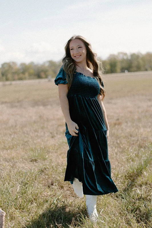 Maxi dresses with a keyhole back for a sexy detailSea Blue Velvet Tiered Maxi Dress