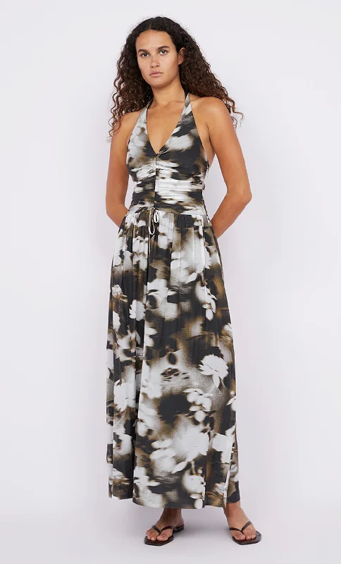 Maxi dresses with embroidered floral motifs for a unique designSOLENE HALTER DRESS - DARK BLURRED FLORAL