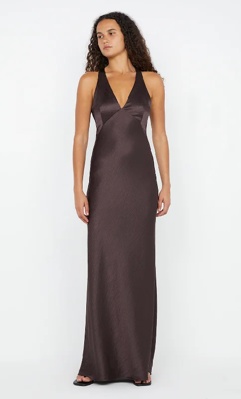 Printed maxi dresses with abstract patterns for an artistic lookTHE DREAMER V NECK DRESS - DARK CHOCOLATE