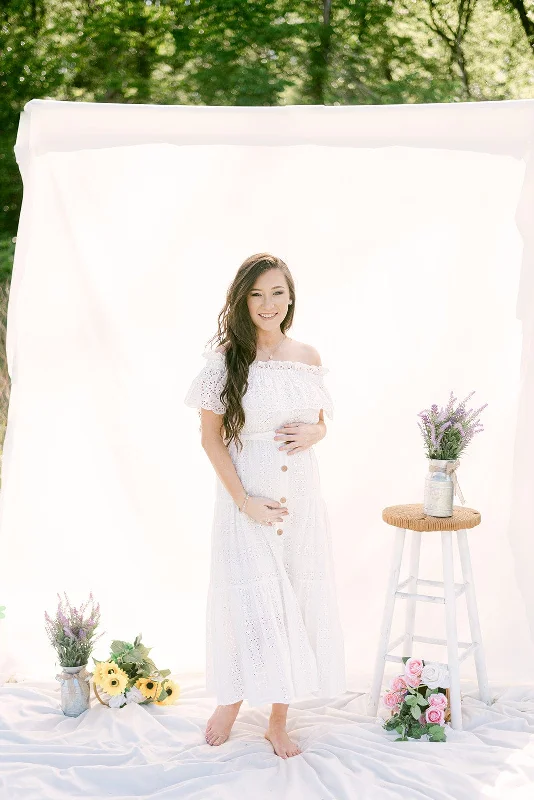 Maxi dresses with a paisley print for a classic and elegant styleWhite Eyelet Lace Belted Maxi Dress