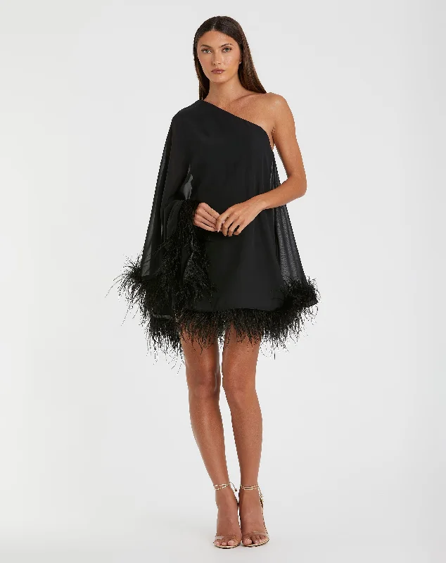 Mini dresses with bow accents for a sweet lookBlack One Shoulder Trapeze Dress with Feather Trim Mini dresses with bow accents for a sweet lookBlack One Shoulder Trapeze Dress with Feather Trim
