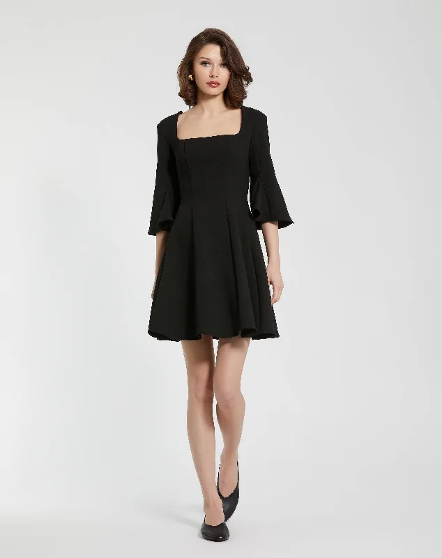 Mini dresses with pom - pom trims for a playful feelCrepe Square Neck 3/4 Sleeve Godet Mini Dress Mini dresses with pom - pom trims for a playful feelCrepe Square Neck 3/4 Sleeve Godet Mini Dress