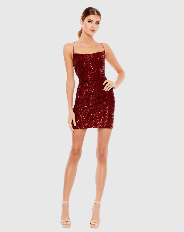 Ruffled mini dresses for a romantic touchOpen Back Lace Up Sequin Mini Dress