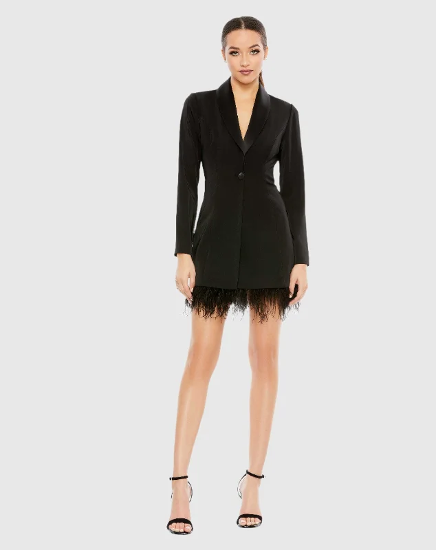 Mini dresses with polka dot patternsFeathered Trim Tuxedo Dress