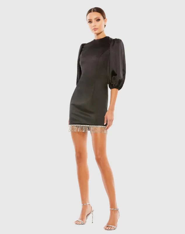 Mini dresses with puff sleeves for a vintage lookBeaded Fringe Hem Mini Dress